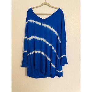 Fever 2X Blue Tie Dye V Neck Long Sleeve Oversized Tunic Top